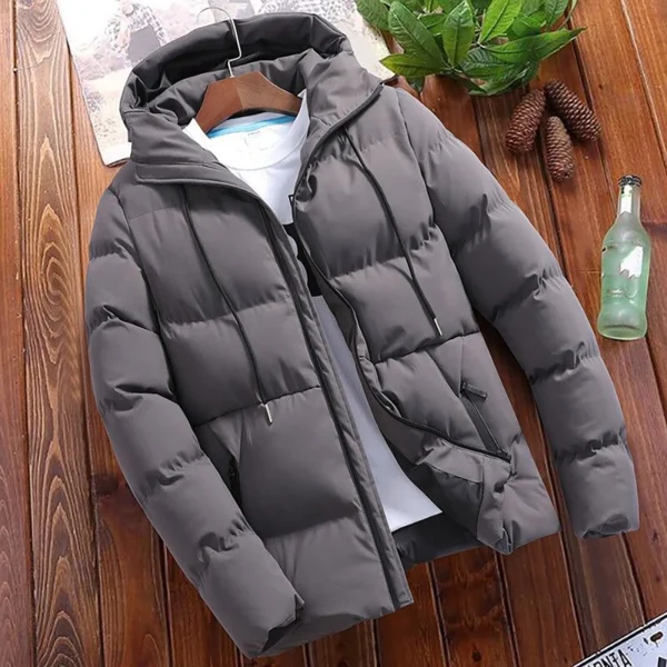 Men’s Coat Fall Winter Solid Grey Zipper Hooded - Image 3